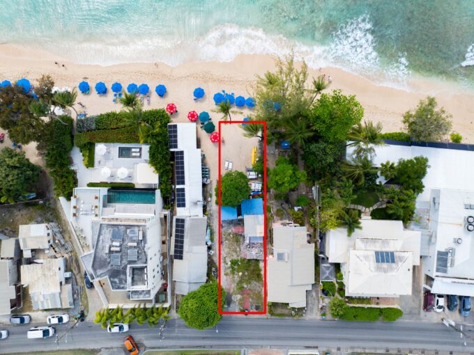 Drone view of beachfront land for sale in Barbados — Mount Standfast Lot 1 outlined on Alleyne's Bay