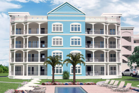 Exterior render of Rockley Residences, a new 3-bedroom condo development for sale at Rockley Golf & Country Club, Christ Church, Barbados