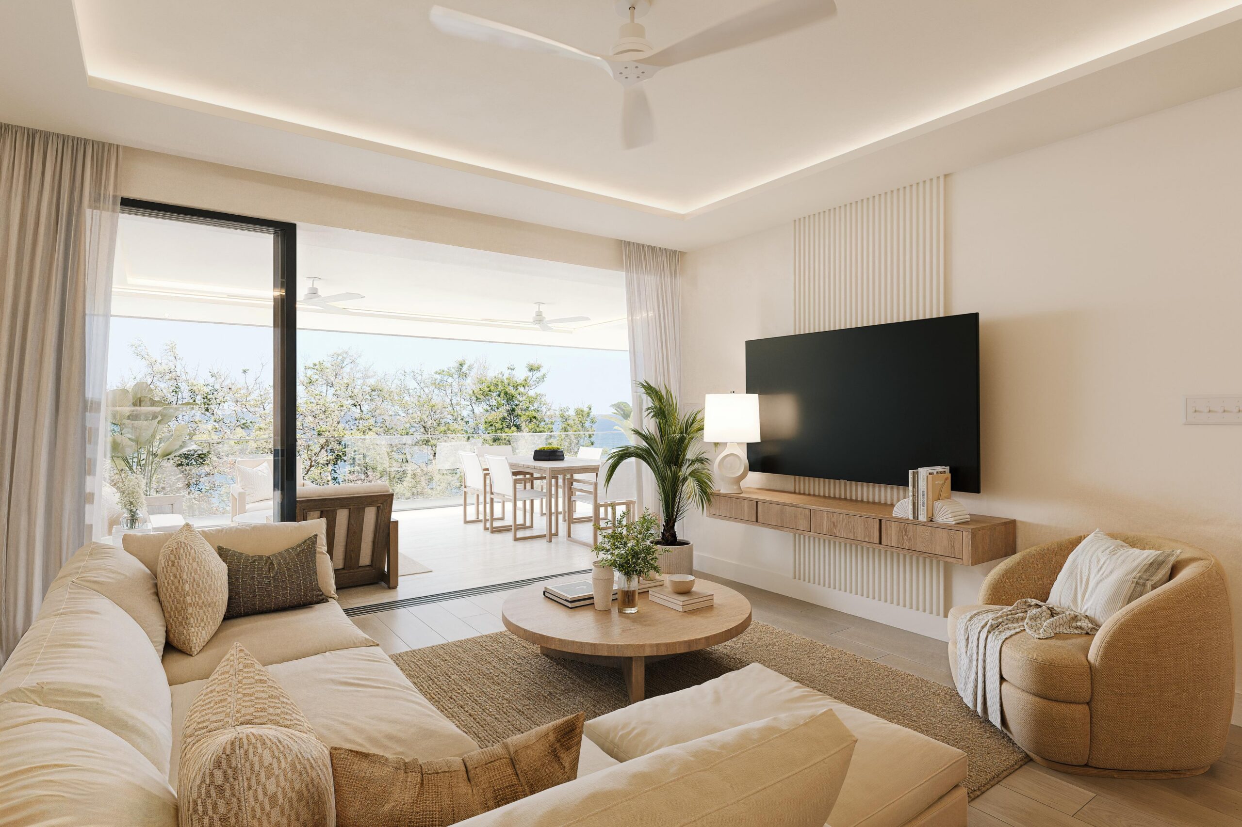 Three-bedroom condo living area at Ocean Blue, Paynes Bay, St James