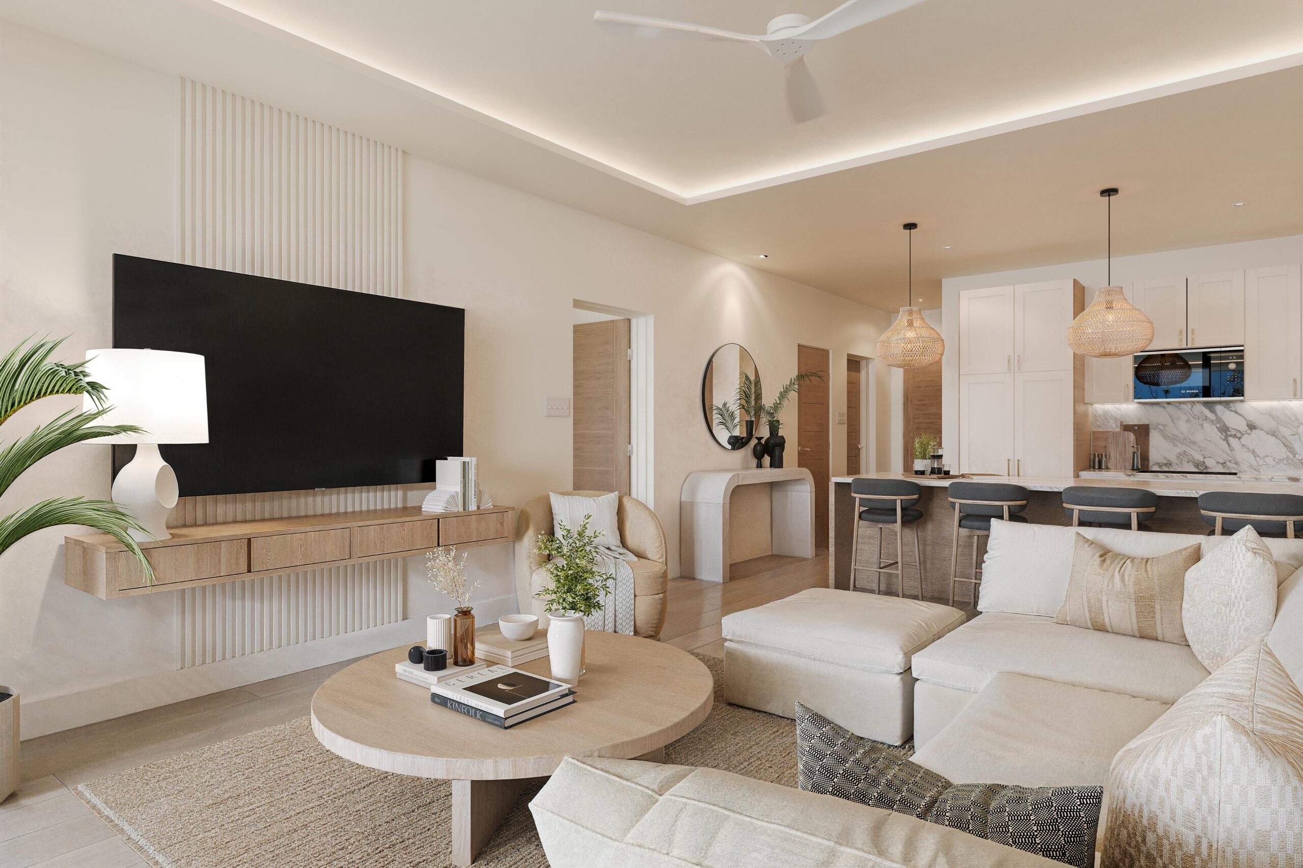 Three-bedroom condo open-plan living and kitchen at Ocean Blue, Paynes Bay, St James