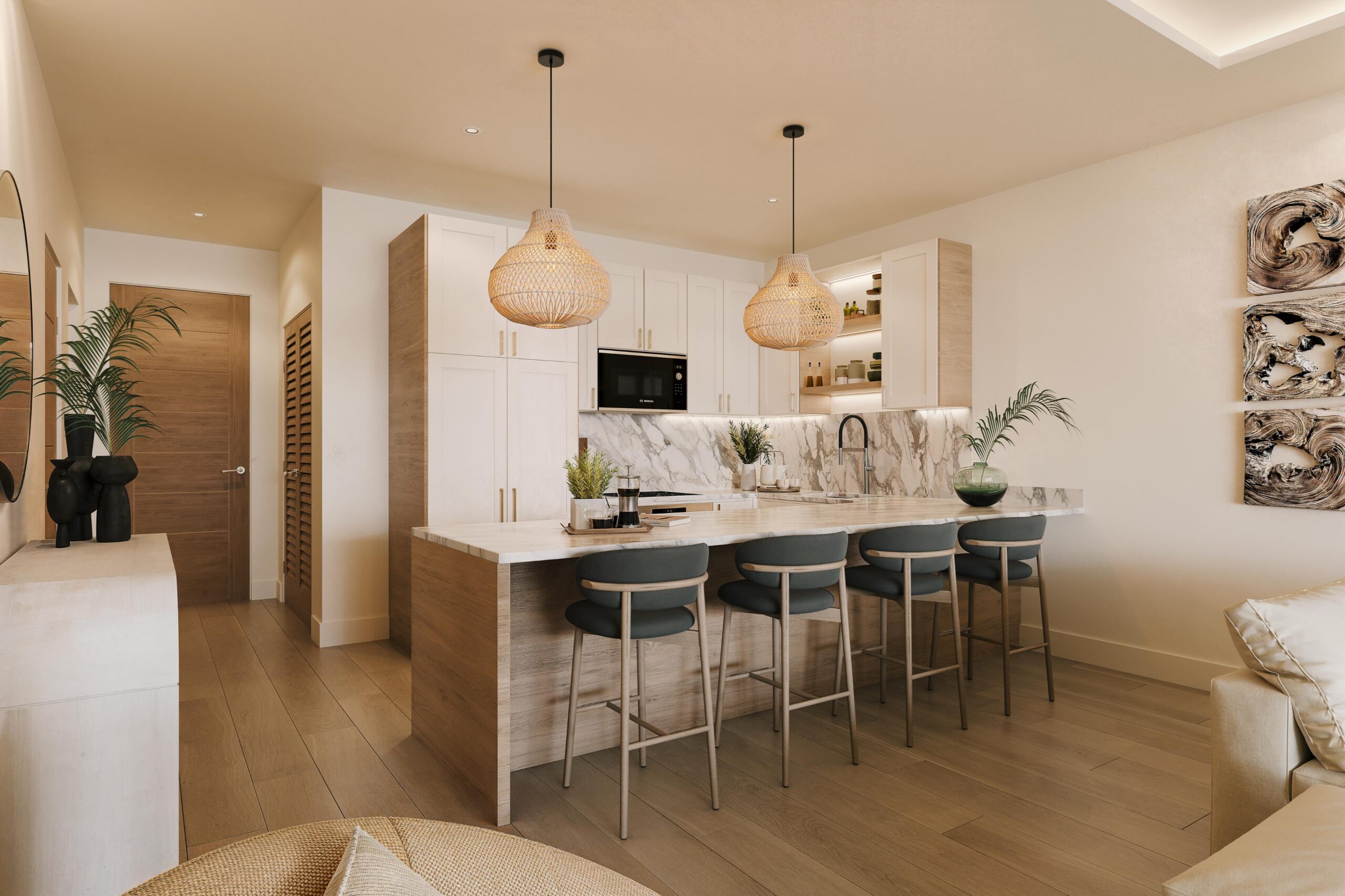 Three-bedroom condo kitchen at Ocean Blue, Paynes Bay, St James