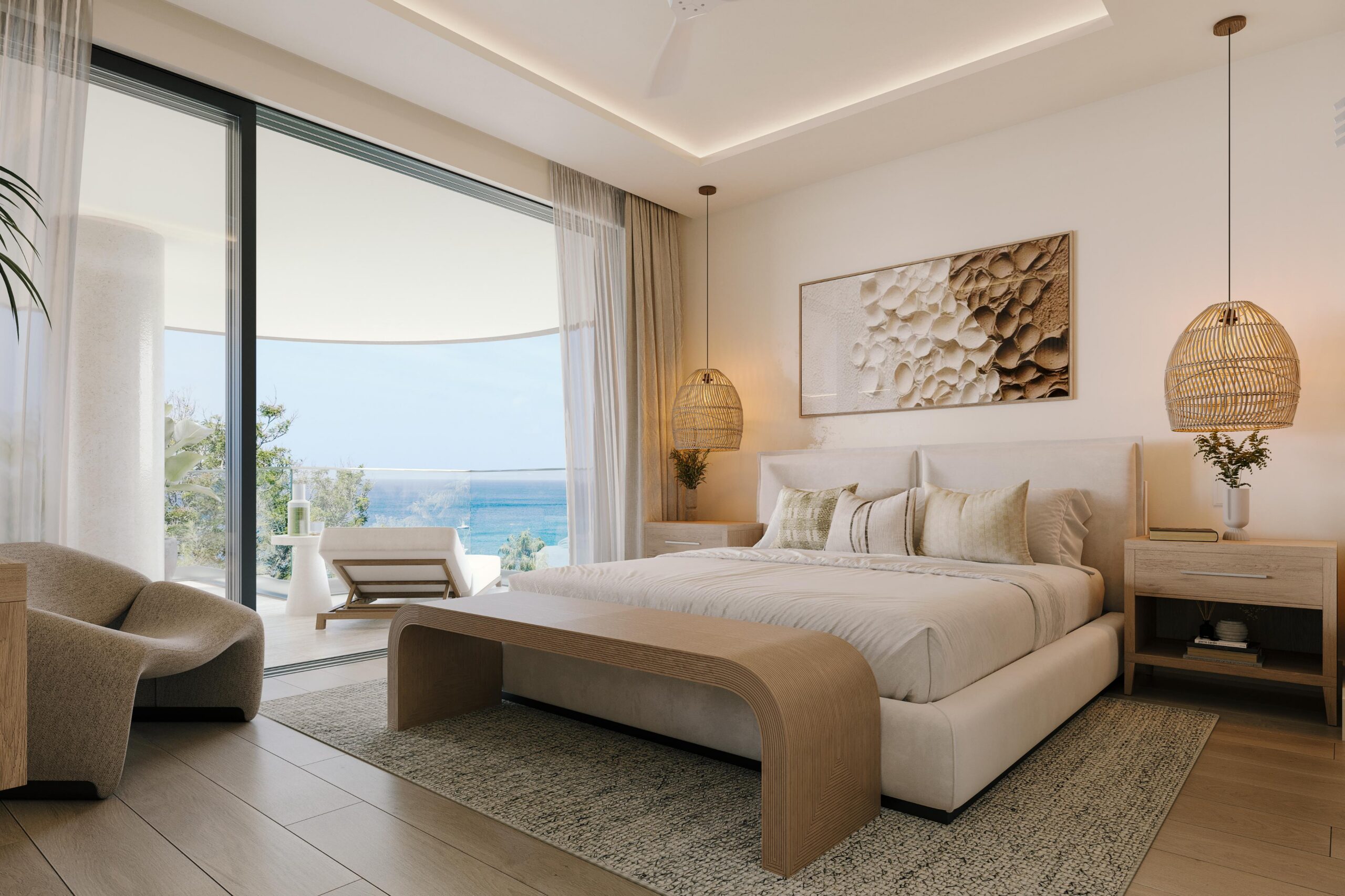Three-bedroom condo primary bedroom at Ocean Blue, Paynes Bay, St James