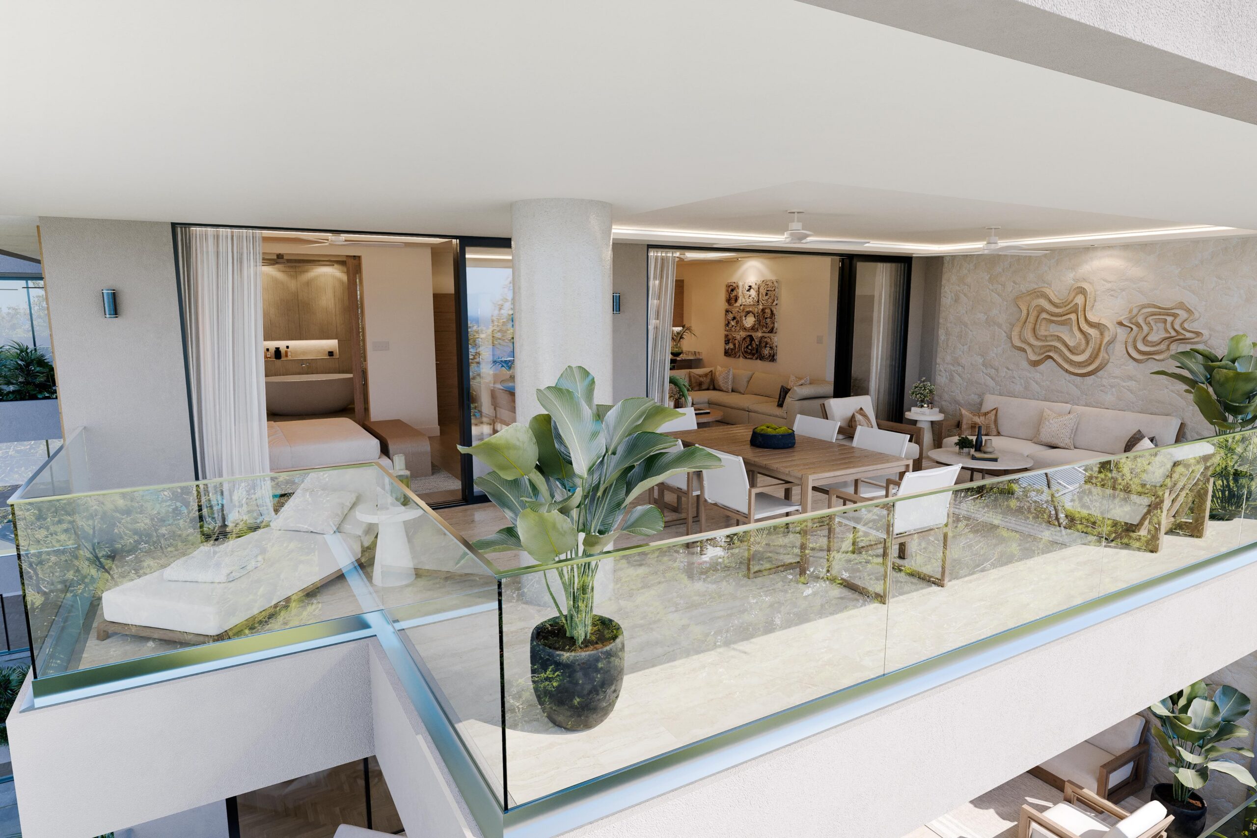 Three-bedroom condo terrace at Ocean Blue, Paynes Bay, St James