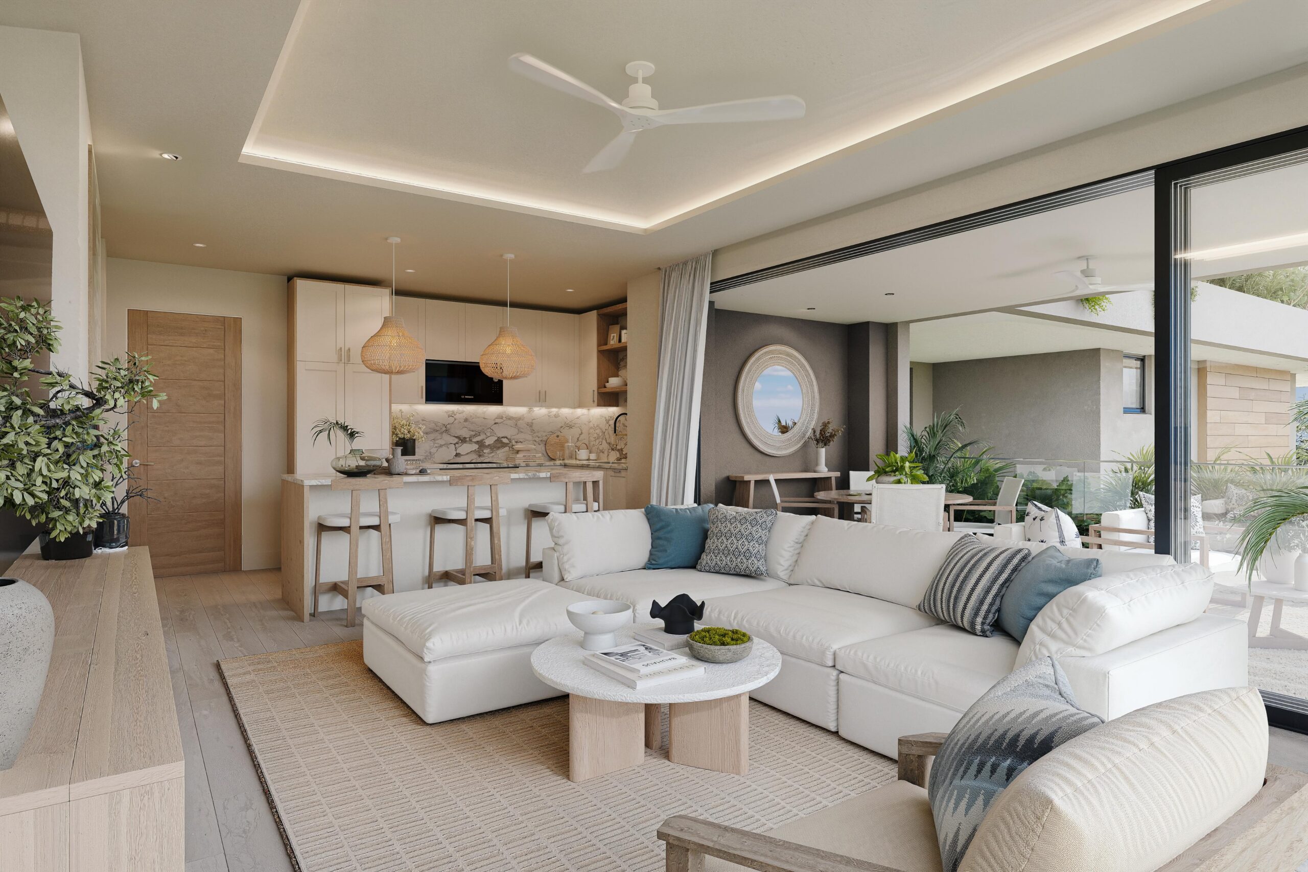 Two-bedroom condo living area at Ocean Blue, Paynes Bay, St James