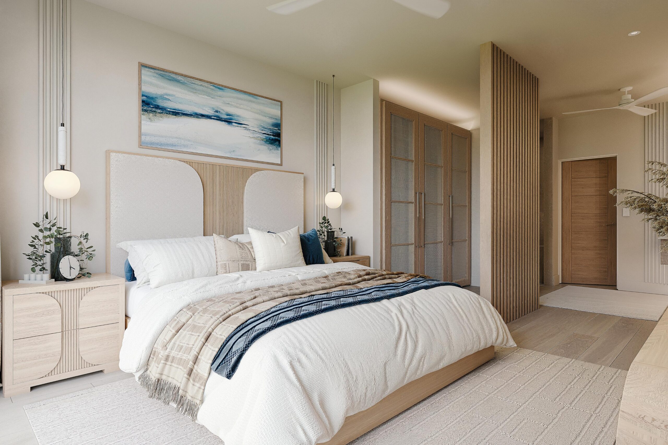 Two-bedroom condo primary bedroom at Ocean Blue, Paynes Bay, St James