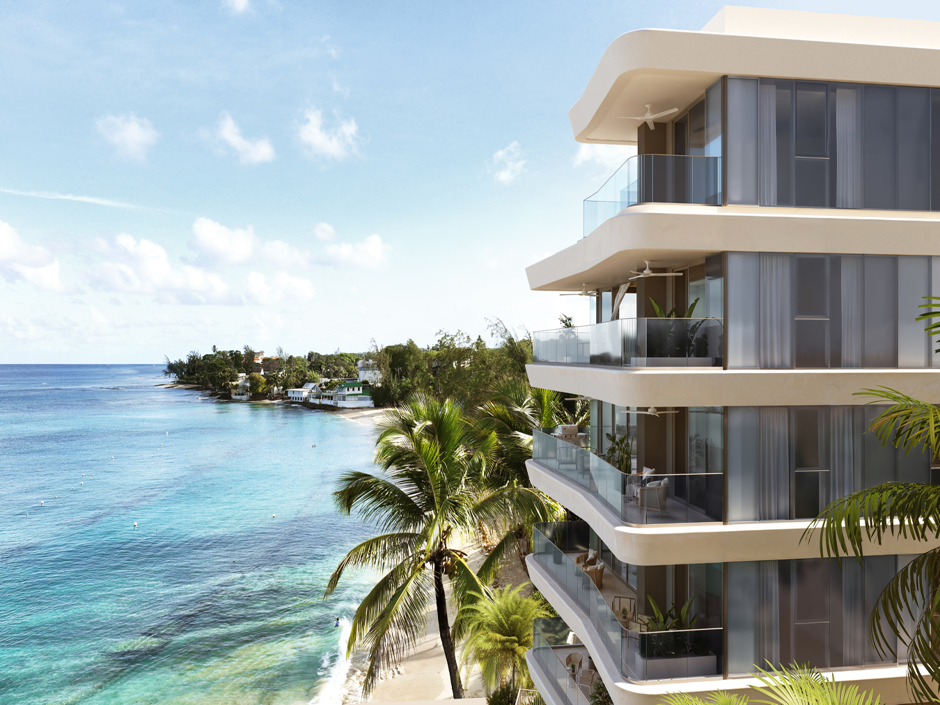 Beyond beachfront residences seen from the water at Mullins Bay, St Peter