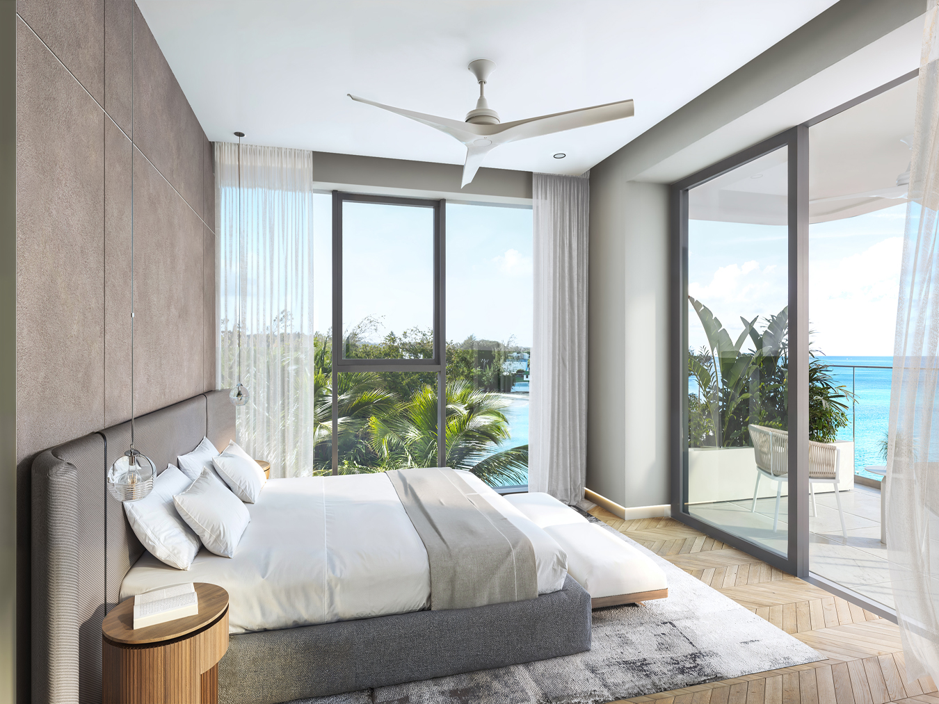 Bedroom opening to a sea-view balcony at Beyond, Mullins Bay, St Peter