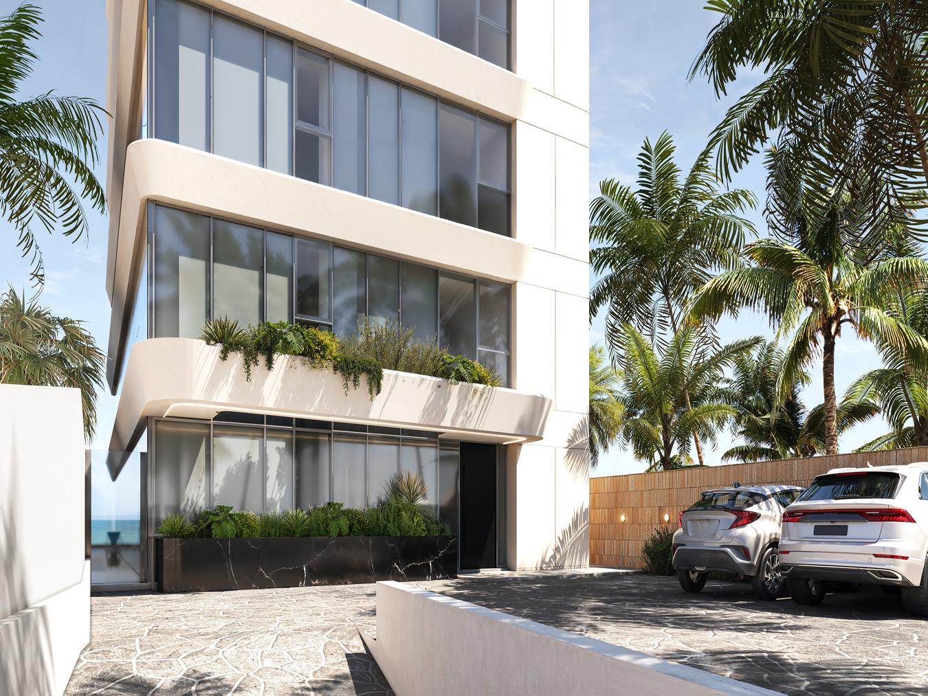 Curved balconies and coastal planting at Beyond, Mullins Bay, St Peter