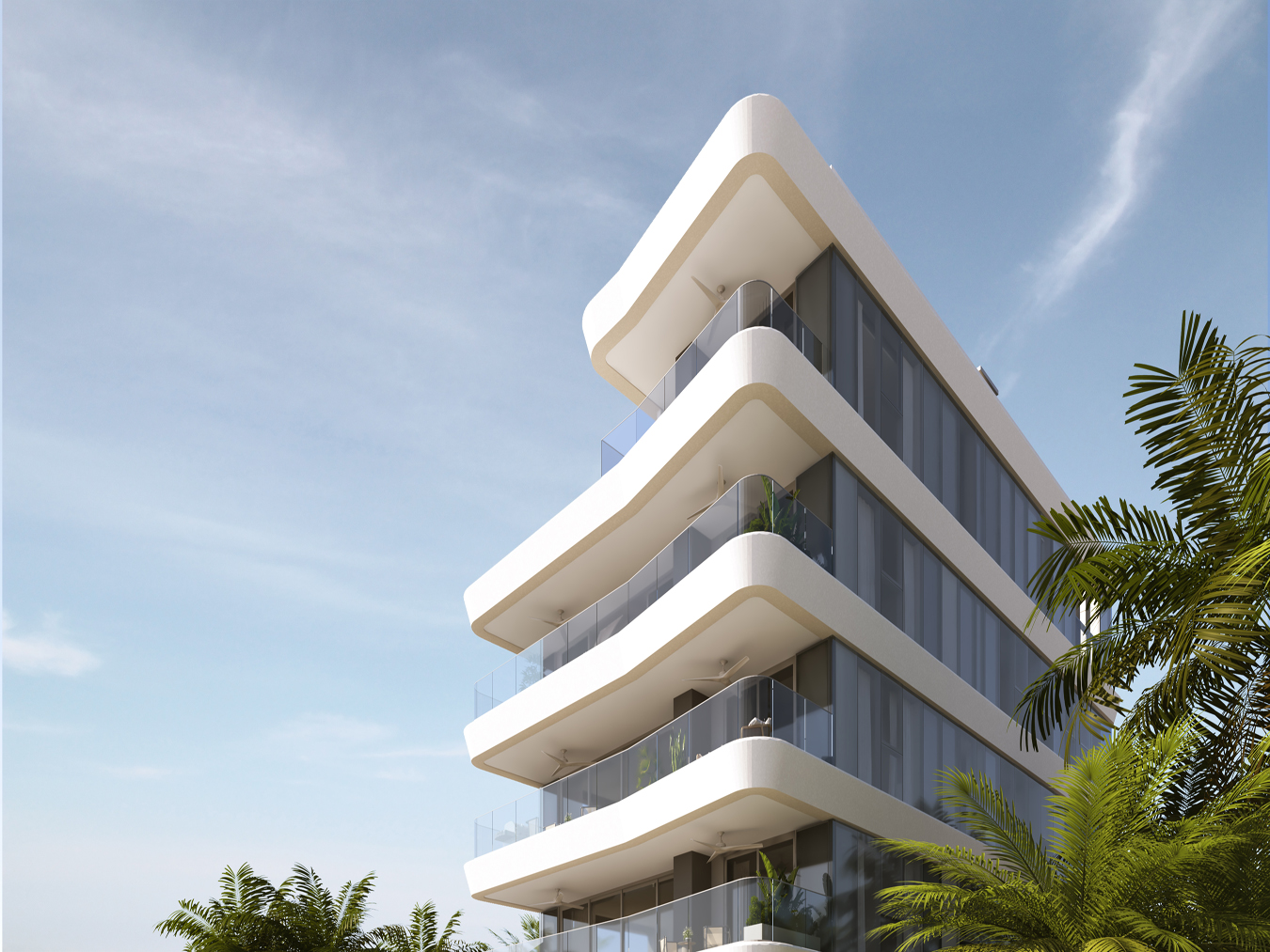 Curved balcony architecture at Beyond, Mullins Bay, St Peter