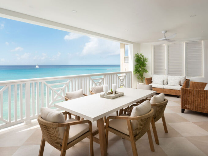Terrace dining with panoramic sea views at Calico, a beachfront villa in St James, Barbados
