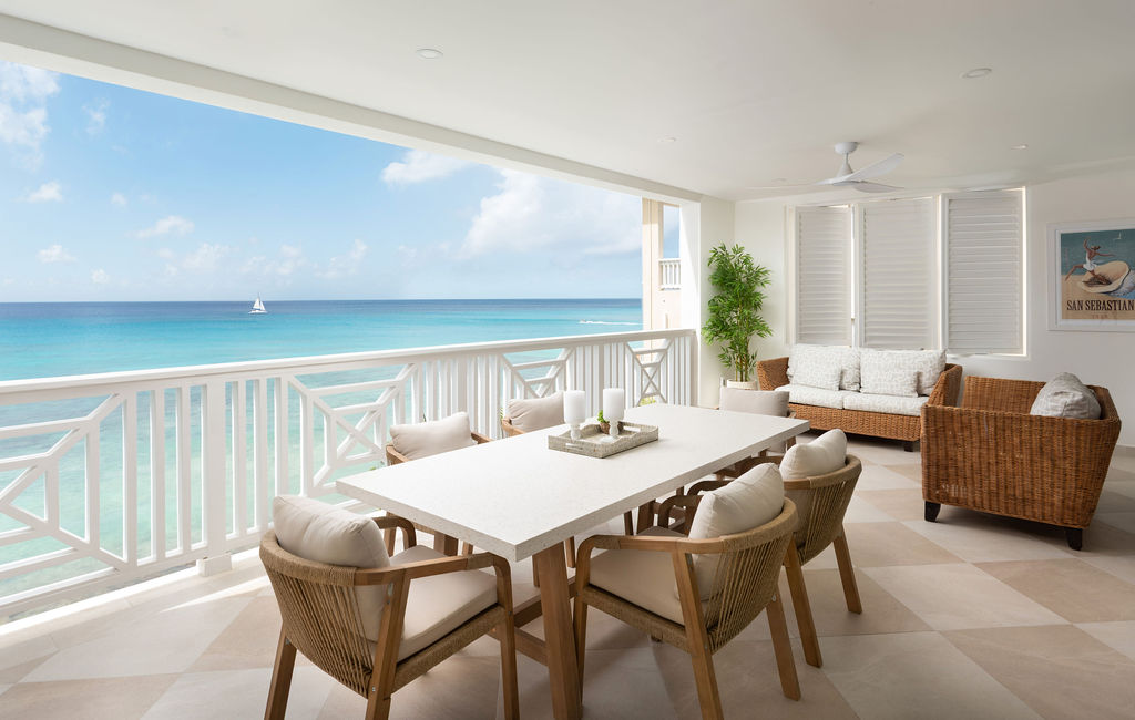 Terrace dining with panoramic sea views at Calico, a beachfront villa in St James, Barbados