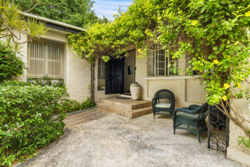 Front entrance porch with tropical planting at Haven View, Lodge Hill, St Michael