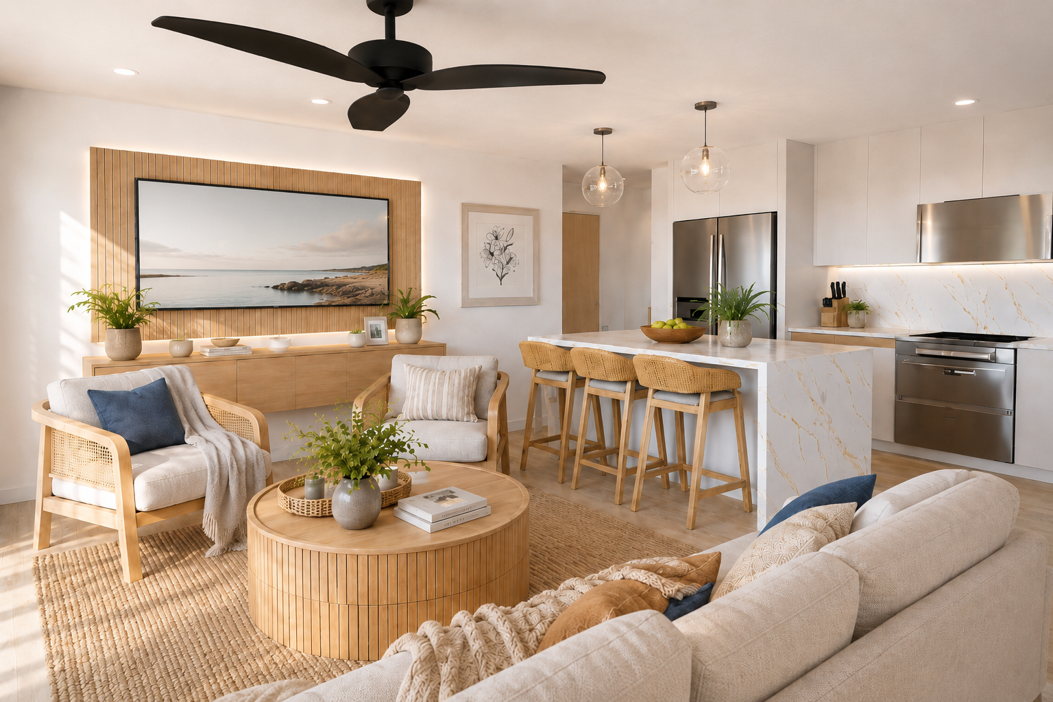 Open-plan living room and kitchen render at Lily Villas, Sunset Crest, St James