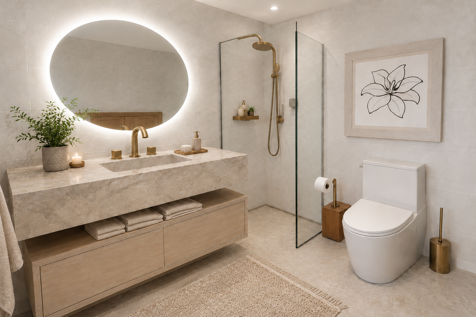 Bathroom with a round mirror render at Lily Villas, Sunset Crest, St James
