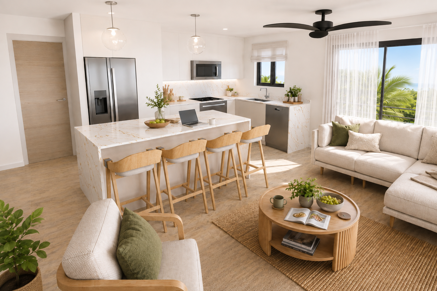 Modern kitchen and living area render at Lily Villas, Sunset Crest, St James