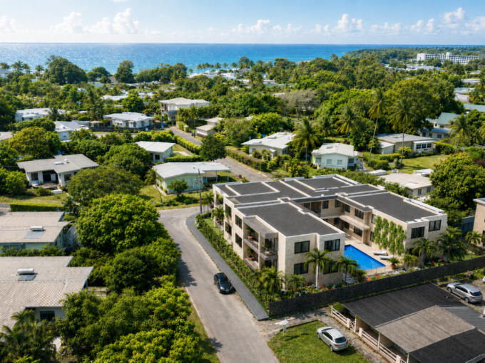 Aerial render of Lily Villas, a new condo development for sale in Sunset Crest, St James, Barbados