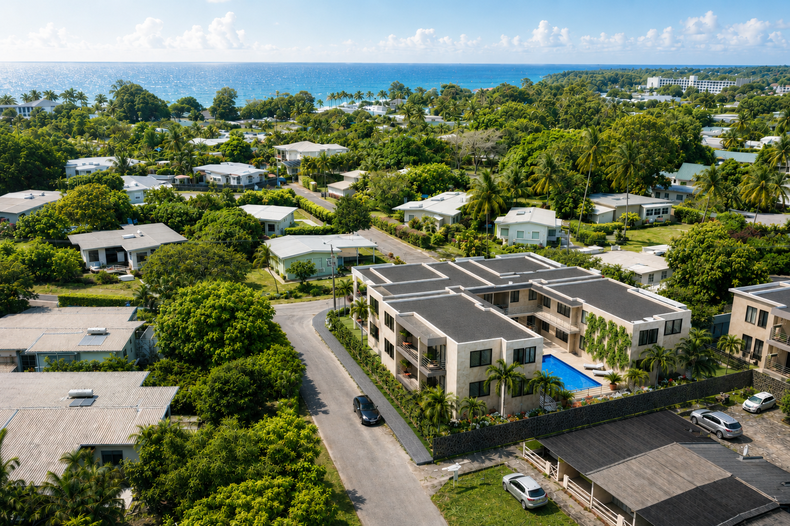 Aerial render of Lily Villas, a new condo development for sale in Sunset Crest, St James, Barbados