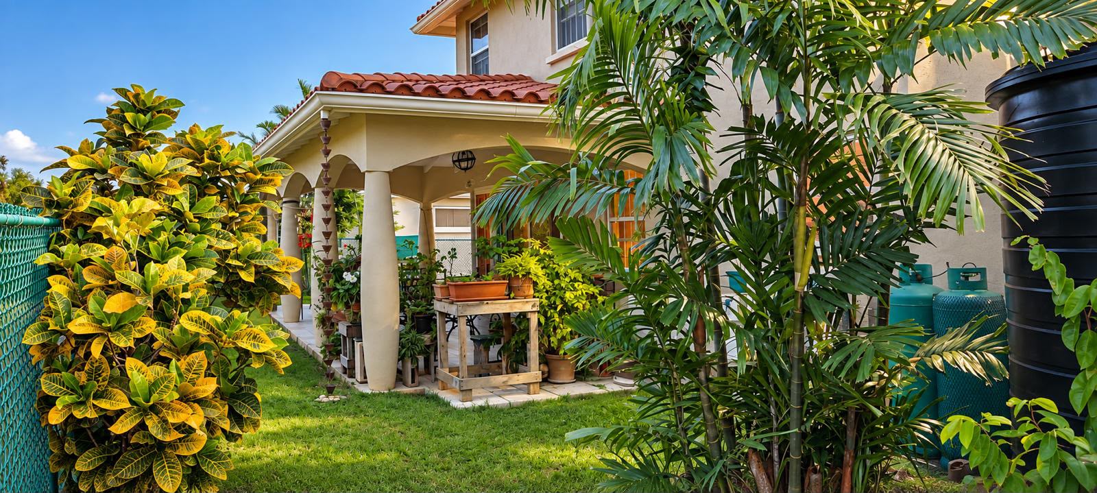 Front exterior with landscaped gardens at Morningstar, The Palms, St George
