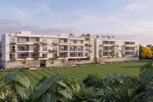 Building exterior render viewed from the gardens at Olana Residences, Lascelles, St James
