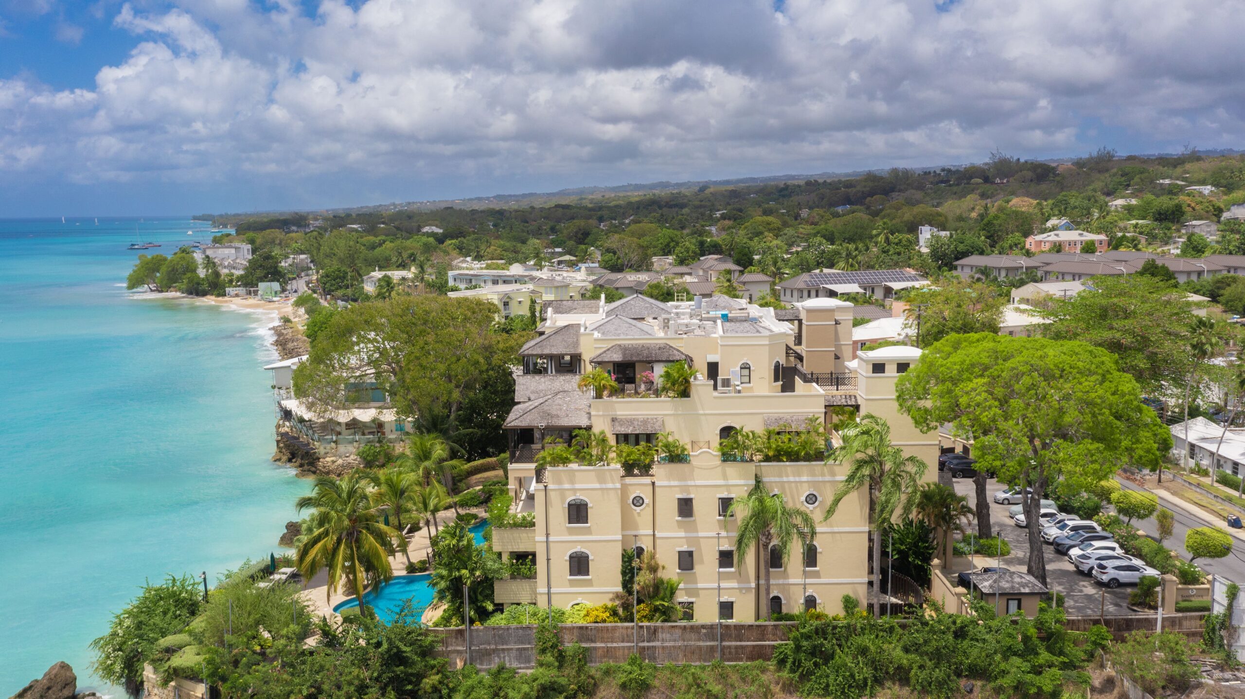 Aerial view of Sandy Cove and the turquoise west coast sea, St James