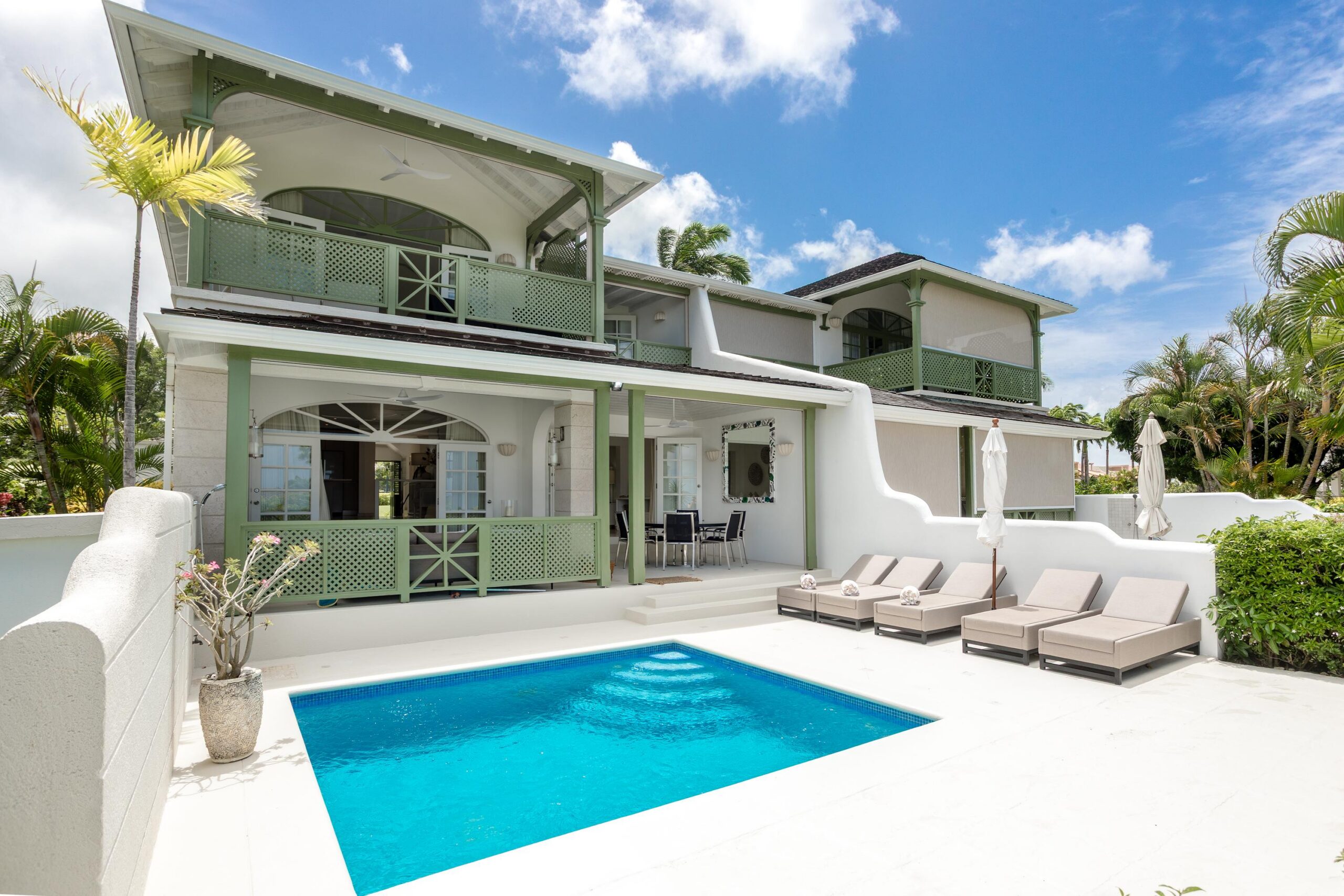Covered terrace and private pool with loungers at Escape 2 Tamarind Row, Sugar Hill