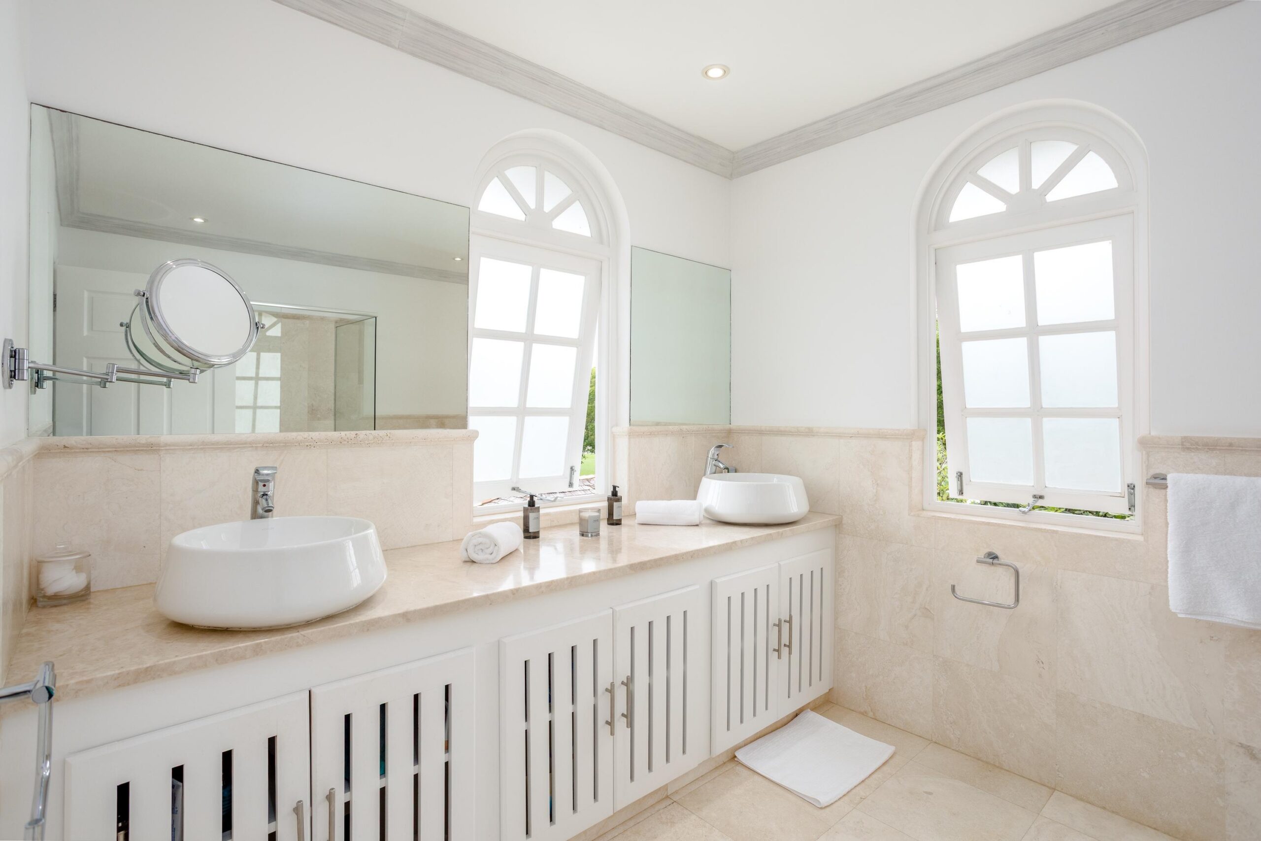 Bathroom with twin vanity at Escape 2 Tamarind Row, Sugar Hill, St. James