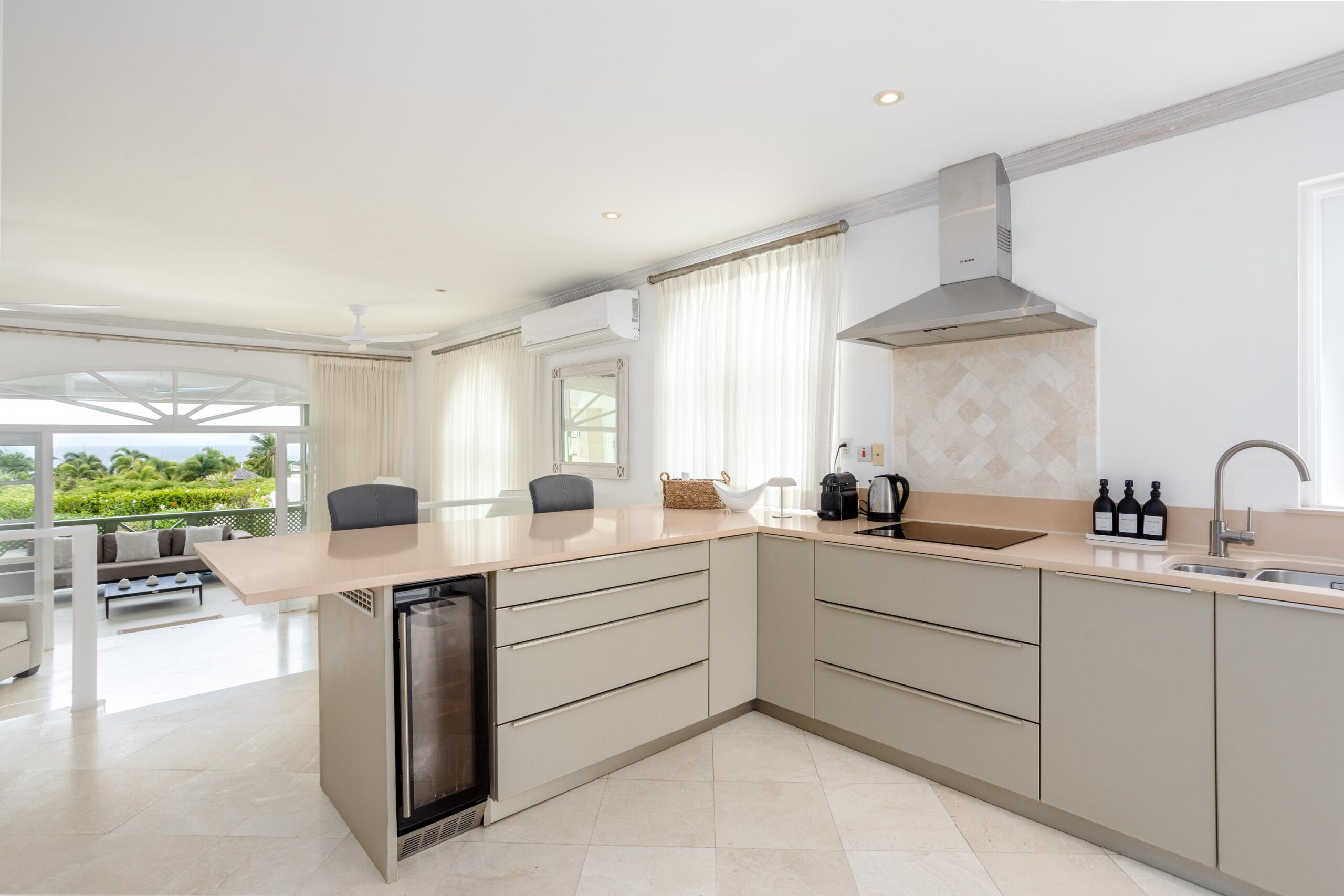 Modern kitchen with sea view at Escape 2 Tamarind Row, Sugar Hill, Barbados